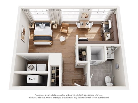 Floor plan for studio, 1 bath, 423 sqft